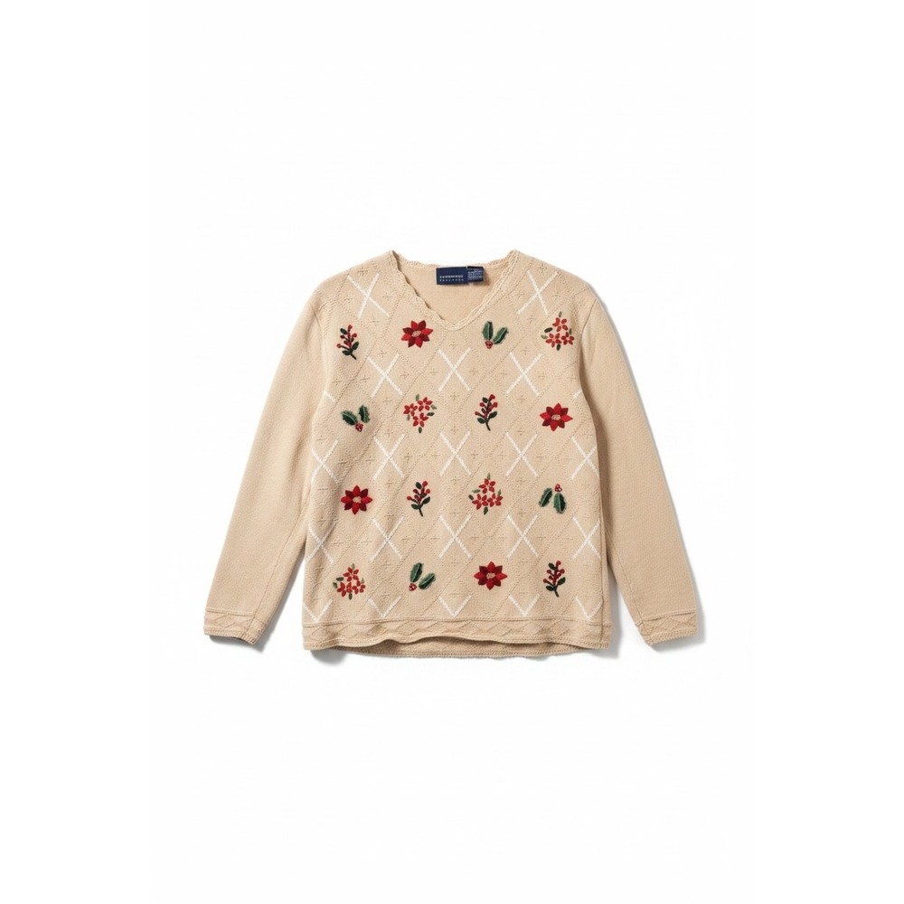 Vintage Liz Claiborne | Lizsport Sweater M Tan Embroidered Floral Holiday Cotton